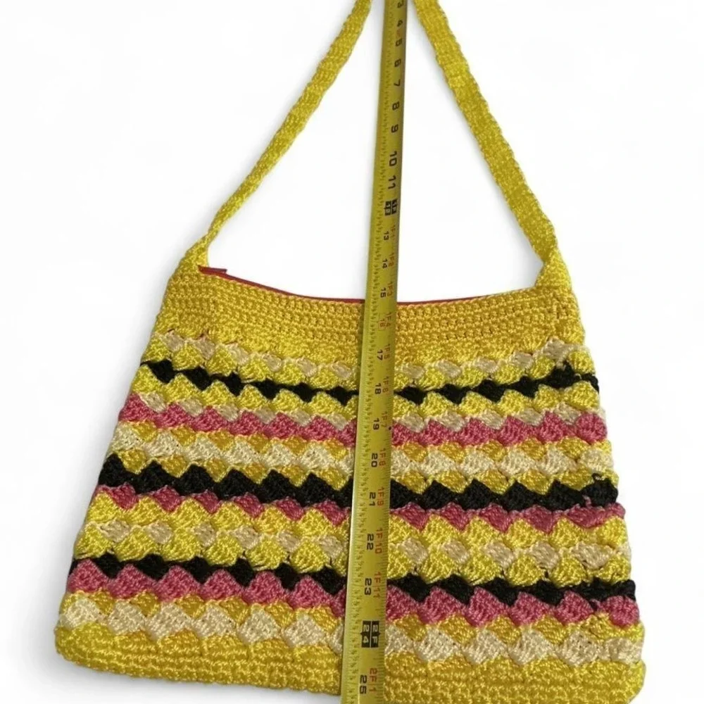 Unbranded‎ Crochet Crossbody Bag Womens Medium Yellow Pink Excellent Boho Shell